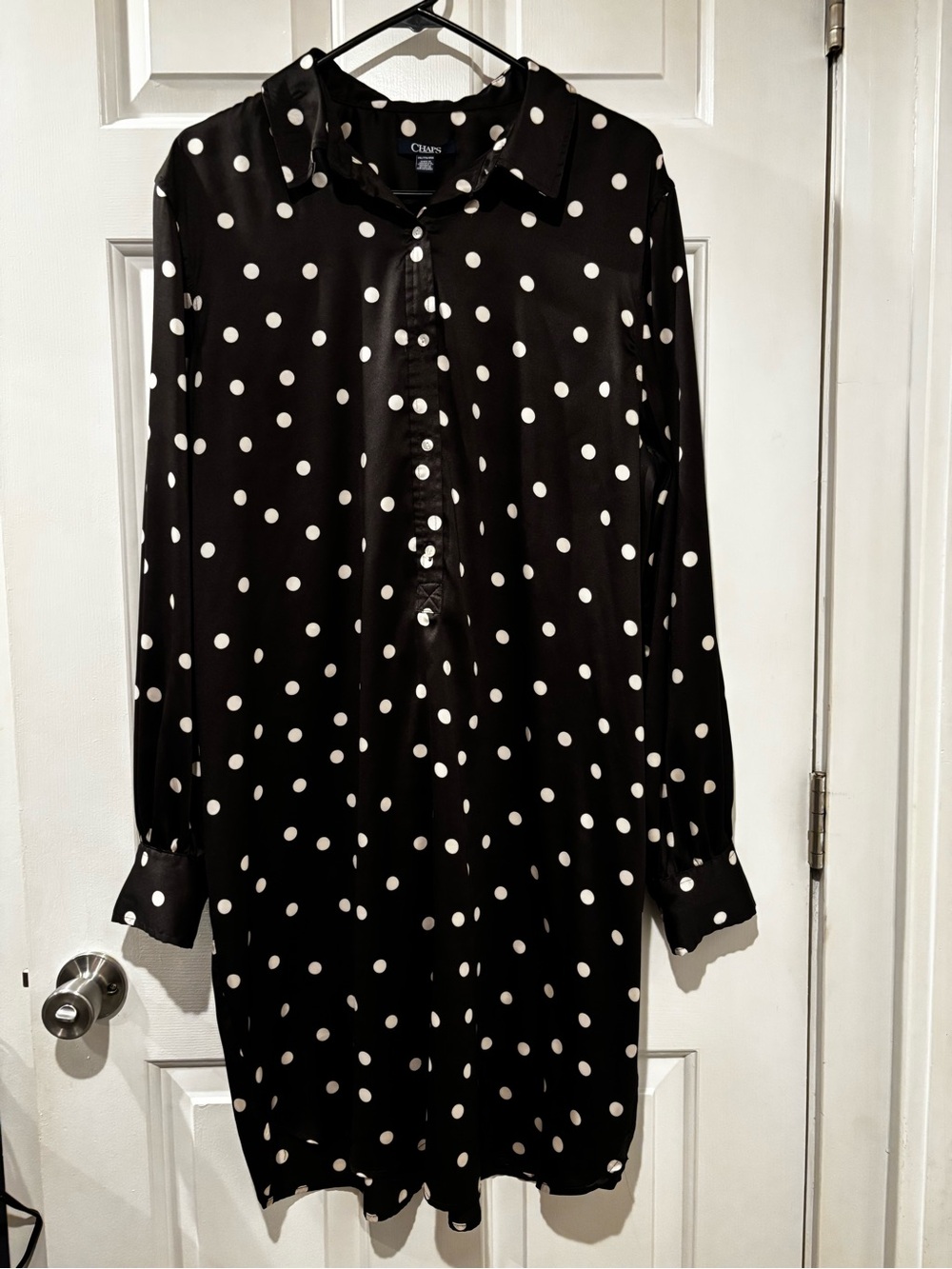 Chaps Black and White Polka Dot Satin Tunic Shirtdress